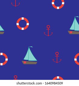 Marine nautical seamless pattern with ships, anchors, and lifebuoys. Summer pattern for textile, fabric, wrapping, wallpaper, kids fashion design