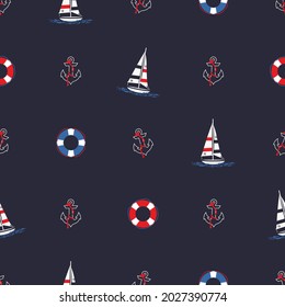 Marine nautical seamless vector pattern,Sailboat vector,Anchor and lifebuoy illustrator on navy background