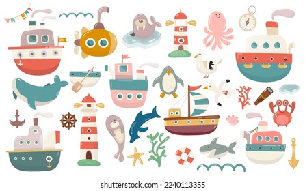 Marine Nautical Set. Kids Ship, Boat, Submarine and Cute Cartoon Sea Creatures Vector Illustration for Nursery Design