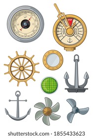 Iconos de naves marinas y náuticas de los símbolos vectores planos de anclaje, navegación y navegación. Equipos náuticos, brújula, volante de dirección del timón del buque, hélice del motor y telégrafo de orden del capitán o quemador de EOT