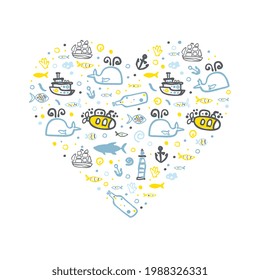 Marine and Nautical Symbols in Heart Shape, Banner, Poster, Background Template Vector Illustration