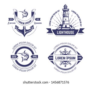 Marine or nautical symbols isolated icons vector anchor and stirring wheel lighthouse marlin and beacon monochrome emblem or logo underwater, animals searchlight and ship parts fish and construction