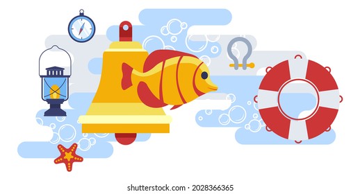 Marine and nautical theme, lifebuoy and fish, timer clock and lantern, bell for alarms and seastar ocean or sea creature. Summer and vacation, leisure and rest. Vector in flat style illustration