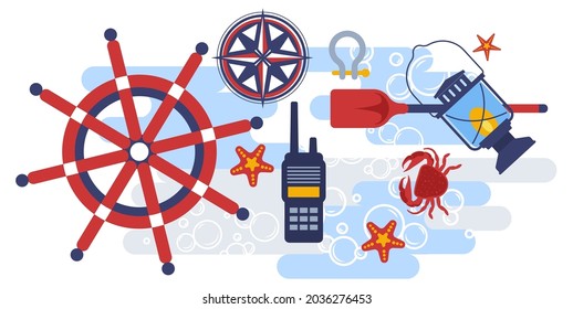 Marine and nautical theme, wheel of ship vessel, compass showing way, radio and lantern with light. Aquatic creatures underwater dwellers. crab and sea star. Vector in flat style illustration