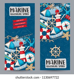 Marine nautical travel concept. Vertical banner template set.  Modern hand drawn doodle design. Vector illustrator.