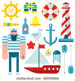 Marine and nautical vector flat icons. Isolated symbols of sailor captain ship, sailboat anchor and helm, lighthouse and lifebuoy, seafarer spyglass and binoculars