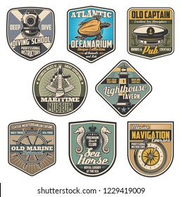 Marine and nautical vintage badges. Vector diving elment, lighthouse and captain, sailor cap and sextant, sea turtle and compass, helm and seahorse