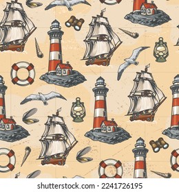 Marine navigation colorful seamless pattern coastal lighthouse and old sailing ship with wooden deck near binoculars and seashells vector illustration