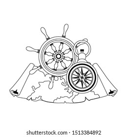 marine navigation helm with compass and paper map vector illustration design