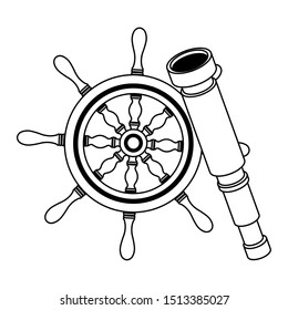 marine navigation helm and telescope vector illustration design