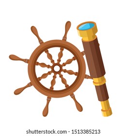 marine navigation helm and telescope vector illustration design