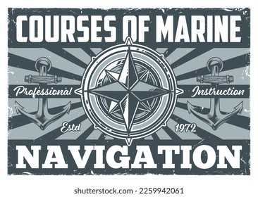 Marine navigation poster vintage monochrome with compass rose and anchors for courses for sailors or professional fishermen vector illustration