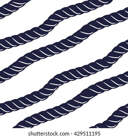Marine navy blue rope seamless pattern. Rope string diagonal lines on white.