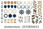 Marine navy heraldic elements. Vector ship anchors, nautical wheels and helms, vintage shields, laurel wreaths and round seal frame borders. Heraldry ribbon banners, crowns, arrows and lightning bolts