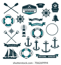 Marine navy and nautical heraldic icons set. Vector crossed paddles, ship anchor or helm and life buoy, trident and aqualung mask, boat bell or lighthouse and wind rose compass with frigate and ribbon