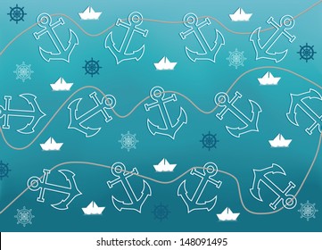 Marine objects, anchors on a rope with boats and ship wheels