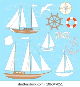 Marine objects collection, boats, ships, yachts. Vector