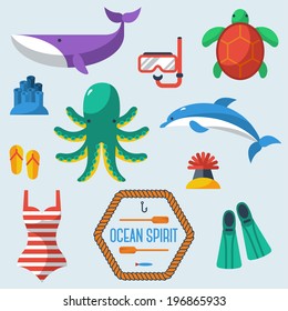 Marine objects collection. Vector illustration. Sea creatures and diver's equipment.