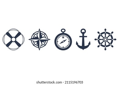 Marine objects: Lifebuoy, Compass, Anchor, Steering wheel. Vector in flat design