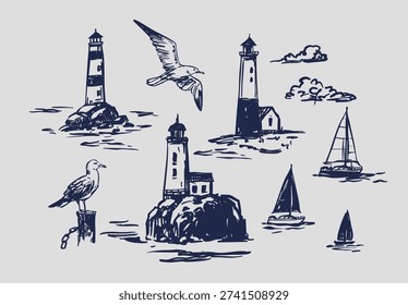 Marine objects, seaside, lighthouses, seagulls, doodle, monochrome illustrations, hand-drawn vector sketches.