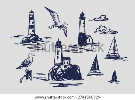 Marine objects, seaside, lighthouses, seagulls, doodle, monochrome illustrations, hand-drawn vector sketches.