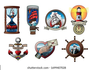 Marine Objects Set Traditional Tattoo Designs, Hourglass, Ship in the Bottle, Sailing Ship, Compass, Lighthouse, Anchor, Helm, Captain, Love Letter