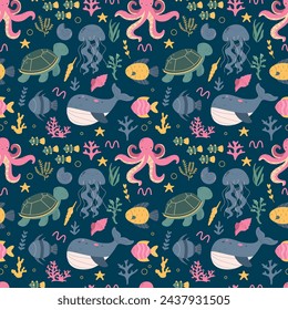 Marine and ocean flora and fauna seamless pattern on blue background
