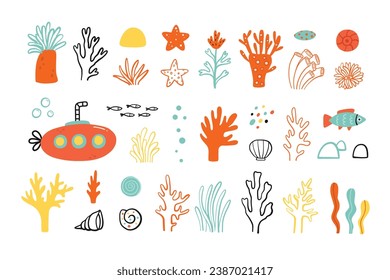 Marine ocean life decorative elements set