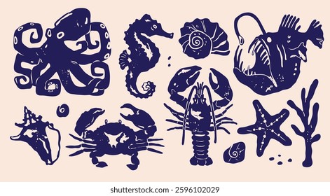 Marine, ocean life. Underwater sea creatures set. Octopus, seahorse, nautilus shell, angler fish, crab, lobster, starfish, coral. Hand drawn modern Vector illustration. Isolated design elements