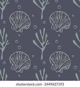 Marine ocean pattern with corals and seashells, air bubbles, sea elements on gray background, elegant and stylish.