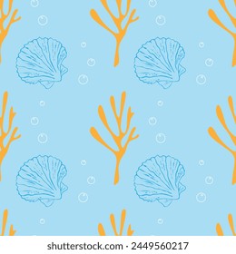 Marine ocean pattern with orange corals and air bubbles, blue contour seashells on pastel blue background.