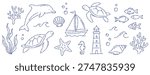 Marine ocean sea nautical vector illustration outline line set collection elements doodle sketch drawing dolphin turtle boat lighthouse seahorse starfish