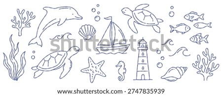 Marine ocean sea nautical vector illustration outline line set collection elements doodle sketch drawing dolphin turtle boat lighthouse seahorse starfish