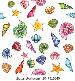 Marine ocean seashell drawing vector seamless pattern