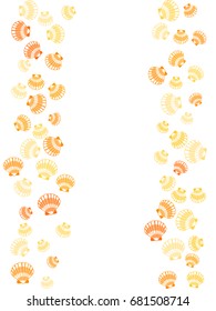 Marine or oceanic orange and yellow sea shell border. Mollusk conch, pearl scallop, bivalve shellfish, underwater object, aquatic nature card frame template. Seashell vertical borders illustration.