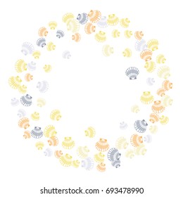 Marine or oceanic sea shell border ring, seashell round frame vector illustration. Mollusk conch, pearl scallop, bivalve shellfish, underwater object circle frame print in yellow abd grey on white.