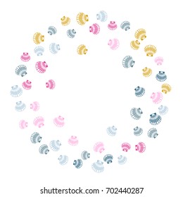 Marine or oceanic sea shell border ring, seashell round frame vector illustration. Mollusk conch, pearl scallop, bivalve shellfish, underwater object circle frame.