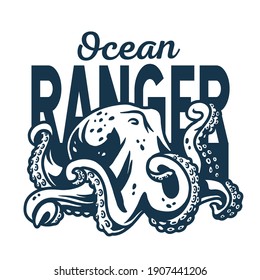 Marine octopus monster or kraken. Nautical wanderlust and adventure illustration. Ocean explorer