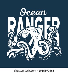 Marine octopus monster or kraken. Nautical wanderlust and adventure illustration. Ocean explorer