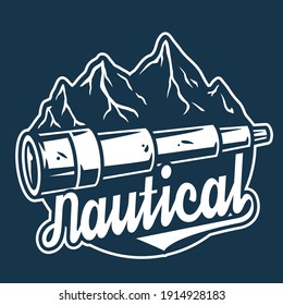 Marine optical spyglass with mountain. Nautical wanderlust sea adventure illustration