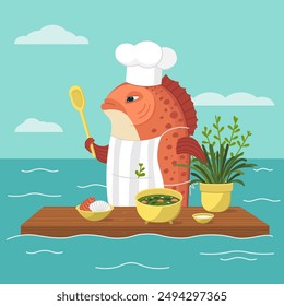 The marine orange fish, wearing a chef’s hat and apron, while holding a stirring spoon, prepared seaweed soup. A wooden board floats on the water, upon which the finished food stands