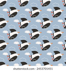 Marine ornament. Birds flying in the clouds. Simplified image. Children's illustration. Black and white birds in the blue sky.