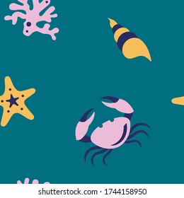 Ornamento marino, patrón de verano,
caparazón vectorial, cangrejo, pez estrella