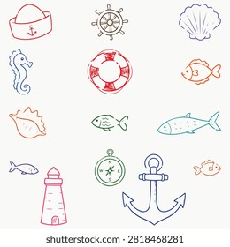 Marine outline icon collection featuring lighthouse anchor fish shell compass lifebuoy and nautical symbols for coastal travel tourism maritime branding educational projects and graphic design