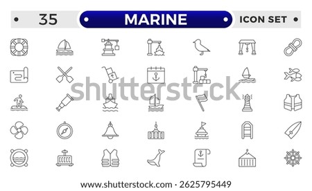 Marine outline icon set .line icons related to marine, port, ship, boat, harbor, crane, pier, wharf, logistic, captain, shipyard.

