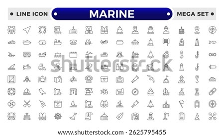 Marine outline icon set .line icons related to marine, port, ship, boat, harbor, crane, pier, wharf, logistic, captain, shipyard.
