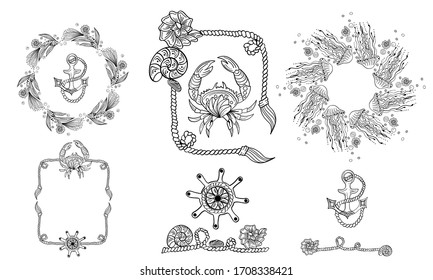 Marine outline set of pre-made composition of fish, jellifish, anchor, crab, rope, helm, seashell. Vector line art set of composition for postcard, flyer, tag. Black hand drawing graphic, illustration