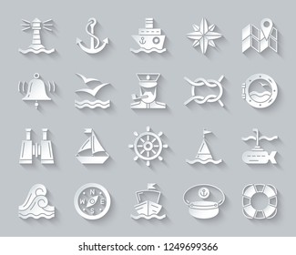 Marine paper cut art icons set. 3D sign kit of nautical. Sea Knot pictogram collection includes lifebuoy, submarine, porthole ship. Simple marine vector paper carved icon shape. Material design symbol