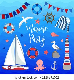 Marine party set, colorful design elements cartoon style, for nautical postcard, invitation, ticket, game. Blue and red color. Sailboat, lighthouse, lifeline, seagull, octopus, starfish, anchor, helm.