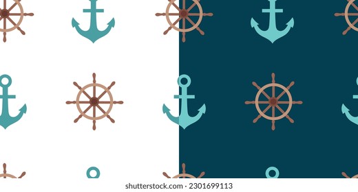 Marine pattern with anchor and rudder from the ship on a white and blue background